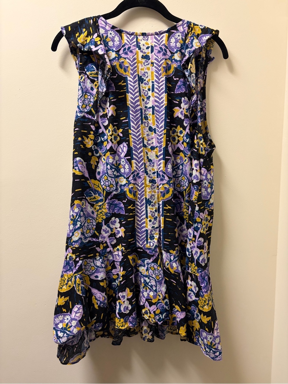 Free People Boho Sleeveless Floral Ruffle Linen-Blend Dress in Purple Black Gold